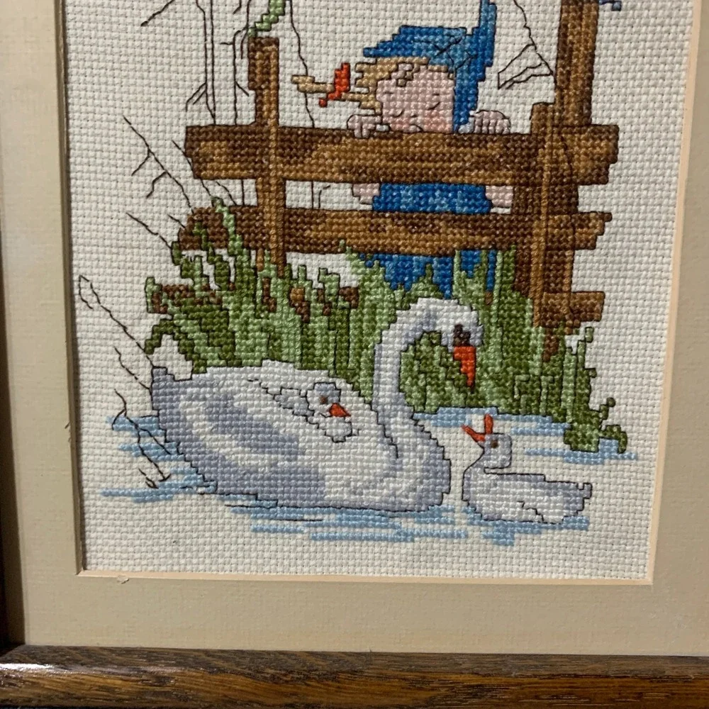 Needlepoint Art Framed Girl Swans Blue Brown Cottagecore Vintage